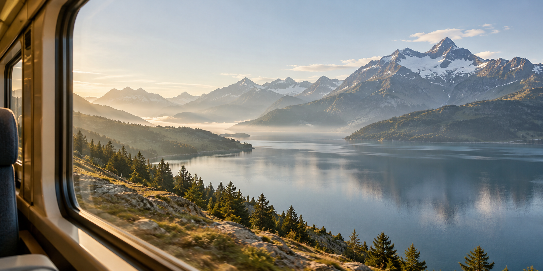 Mountain ridge and lake seen from a train window