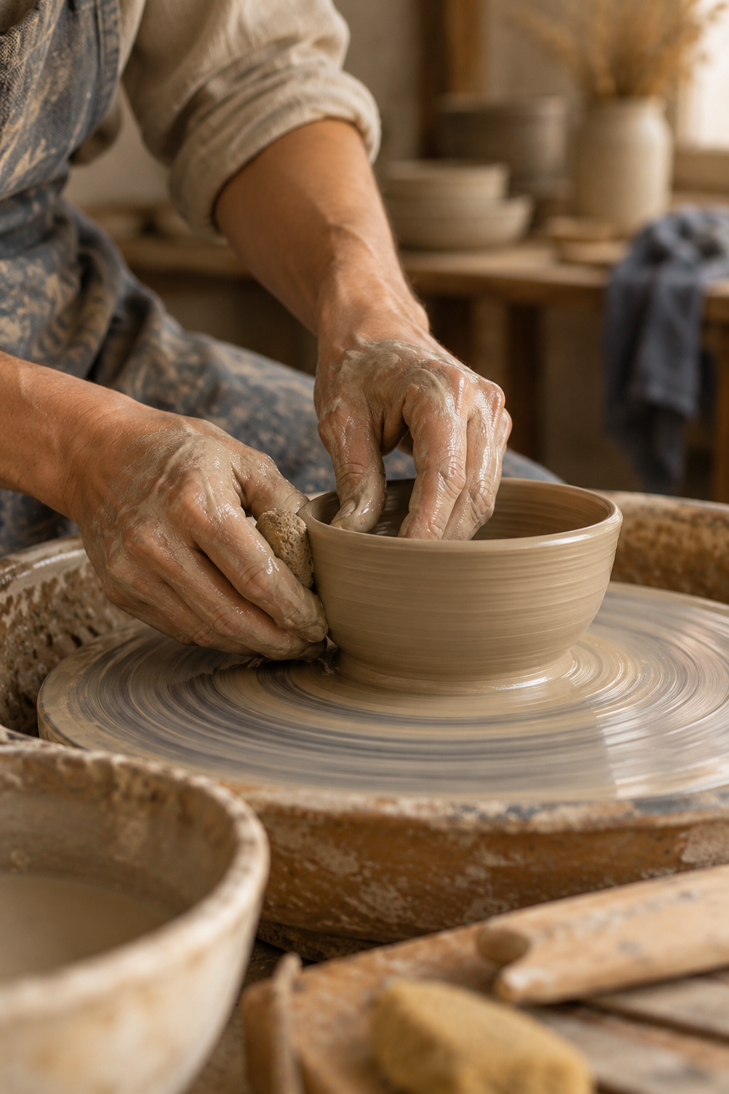 Hands shaping a ceramic bowl