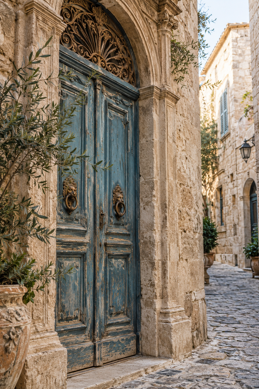 Carved doorway in a quiet stone lane